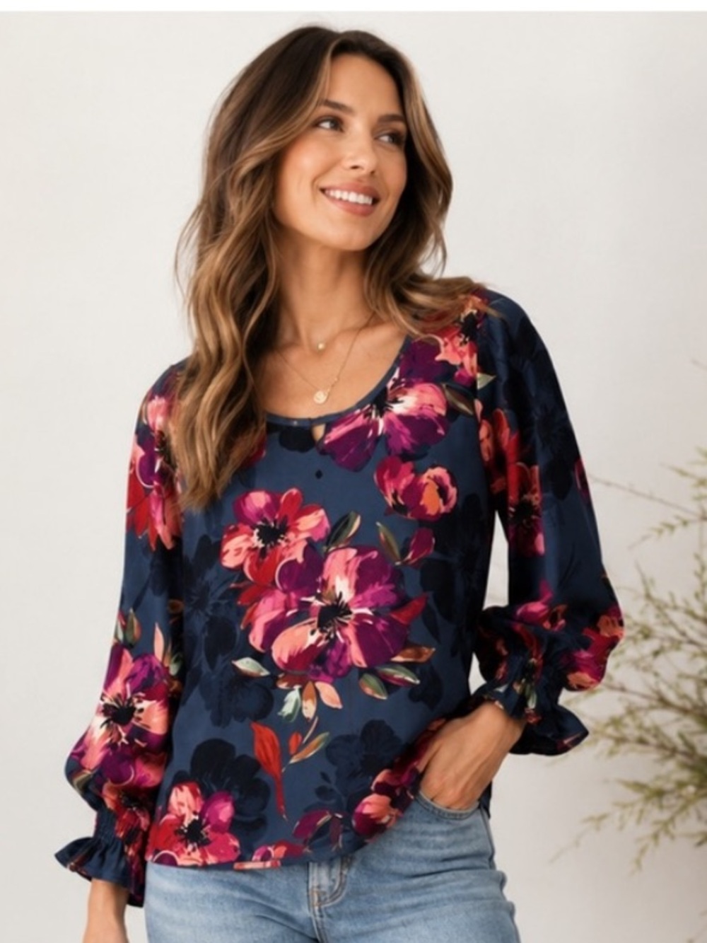 CUPIO Blush Floral Top 2X Stretch Knit Long Sleeve Ruffle Cuff Boho Fall Plus